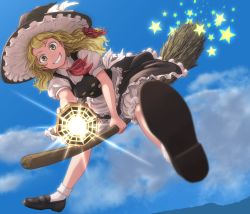 Rule 34 | 1girl, aiming, aiming at viewer, apron, black dress, blonde hair, bloomers, blue sky, blurry, bow, braid, broom, broom riding, buttons, cloud, collared shirt, day, dress, flying, foreshortening, frilled dress, frills, full body, grin, hair bow, hair ornament, hat, kirisame marisa, kitano (kitanosnowwhite), loafers, long hair, looking at viewer, mini-hakkero, puffy sleeves, red bow, shirt, shoes, short sleeves, side braid, signature, single braid, skirt, skirt set, sky, smile, socks, solo, spread legs, star (symbol), touhou, underwear, vest, waist apron, white shirt, white socks, wing collar, witch hat, yellow eyes