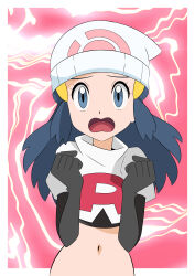 Rule 34 | 1girl, absurdres, alternate costume, beanie, black gloves, black hair, border, clenched hands, cosplay, creatures (company), cropped jacket, dawn (pokemon), elbow gloves, eyelashes, game freak, gloves, grey eyes, hainchu, hair ornament, hairclip, hands up, hat, highres, jacket, jessie (pokemon), jessie (pokemon) (cosplay), logo, long hair, looking at viewer, navel, nintendo, open mouth, pokemon, pokemon (anime), pokemon dppt (anime), short sleeves, solo, team rocket, team rocket uniform, tongue, upper body, white border, white hat, white jacket