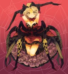 Rule 34 | 1girl, arms behind head, arms up, arthropod girl, bare shoulders, blonde hair, bow, breasts, chamaruk, cleavage, colored eyelashes, detached collar, dress, elbow gloves, gloves, hair bow, highres, insect girl, kurodani yamame, medium breasts, petticoat, ponytail, short dress, silk, solo, spider girl, spider web, strapless, strapless dress, touhou, yellow eyes