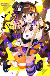 Rule 34 | 1girl, :d, asymmetrical legwear, black eyes, breasts, broom, brown hair, corset, demon tail, fang, hairband, halloween, happy halloween, hat, highres, kagayaki stars, large breasts, long hair, looking at viewer, midriff, mini hat, mini top hat, miniskirt, mismatched legwear, navel, open mouth, orange thighhighs, outstretched arm, purple thighhighs, skirt, smile, solo, striped clothes, striped thighhighs, suspenders, tail, tenbin hakari, thighhighs, tonito, top hat, virtual youtuber
