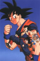 Rule 34 | 1990s (style), black eyes, black hair, blouse, blue background, brothers, child, clenched hand, dougi, dragon ball, dragonball z, father and son, long sleeves, male focus, muscular, muscular male, non-web source, official art, open mouth, purple hair, retro artstyle, saiyan, scan, shirt, siblings, simple background, sleeveless, smile, son gohan, son goku, son goten, spiked hair, toei animation, trunks (dragon ball), white shirt, wristband