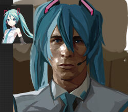 Rule 34 | 1boy, american psycho, aqua eyes, aqua hair, closed mouth, collared shirt, commentary, cosplay, crossdressing, english commentary, expressionless, flintliensteel, grey shirt, hair between eyes, hair ornament, hatsune miku, hatsune miku (cosplay), headset, highres, long hair, looking at viewer, male focus, meme, microphone, patrick bateman, portrait, reference inset, shirt, solo, straight-on, twintails, vocaloid
