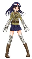 Rule 34 | 1girl, amputee, boots, japanese flag, military, military uniform, miniskirt, official art, prosthesis, simple background, skirt, solo, type 7 light tank, uniform, wunderbar!, yoshida hajime (sabo666)