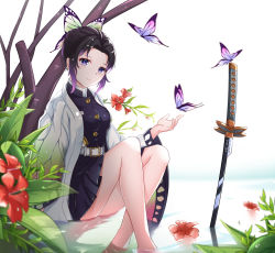 Rule 34 | 1girl, absurdres, aoman de cangshu, barefoot, belt, black hair, blush, bottomless, breasts, bug, butterfly, butterfly hair ornament, closed mouth, flower, gradient hair, hair ornament, hand up, haori, highres, insect, jacket, japanese clothes, kimetsu no yaiba, knees up, kochou shinobu, legs, long sleeves, looking at viewer, multicolored hair, parted bangs, purple butterfly, purple eyes, purple hair, red flower, short hair, sitting, smile, solo, sword, water, weapon, wet, wide sleeves