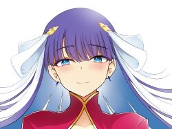 Rule 34 | 1girl, blue eyes, blush, commentary, commission, earrings, english commentary, fate/grand order, fate (series), hair ribbon, highres, jewelry, kuroakei, long hair, looking at viewer, martha (fate), pixiv commission, purple hair, ribbon, simple background, smile, solo, upper body, very long hair, white ribbon
