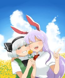 Rule 34 | 2girls, ^ ^, animal ears, arm around shoulder, black hairband, black neckwear, black ribbon, blue sky, blunt bangs, blush, bow, bowtie, cheek-to-cheek, closed eyes, cloud, cloudy sky, collared shirt, commentary request, day, field, finger gun, flower, flower field, green vest, grey eyes, grin, hair ribbon, hairband, hand on another&#039;s shoulder, heads together, holding, holding flower, konpaku youmu, koyama shigeru, long hair, looking at another, multiple girls, necktie, open mouth, outdoors, puffy short sleeves, puffy sleeves, purple hair, rabbit ears, red neckwear, reisen udongein inaba, ribbon, shirt, short hair, short sleeves, side-by-side, silver hair, sky, smile, teeth, touhou, upper teeth only, vest, white shirt, yellow flower, yuri