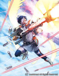 Rule 34 | 1boy, bandages, bandage over one eye, blue hair, boots, bullet, cardfight!! vanguard, cloud, cloudy sky, clutch rifle angel, company name, feathered wings, feathers, fingerless gloves, funbolt, glasses, gloves, gun, male focus, official art, sky, solo, teeth, weapon, wings