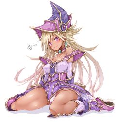 Rule 34 | 1girl, apprentice illusion magician, bare shoulders, blonde hair, blush, boots, breasts, cameltoe, choker, covered erect nipples, dark-skinned female, dark magician girl, dark skin, duel monster, earrings, female focus, hat, jewelry, korican, long hair, medium breasts, panties, pantyshot, purple eyes, simple background, sitting, solo, thighs, underwear, very long hair, white background, white panties, wizard hat, yu-gi-oh!