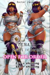 1girl alternate_costume ass bandages barefoot bob_cut breasts capcom curvy dakimakura_(medium) dark_skin doctor_zexxck female_focus green_eyes hip_focus huge_ass looking_at_viewer lying menat multiple_views navel on_bed purple_hair revealing_clothes shiny_skin stomach street_fighter thick_thighs thighs wide_hips