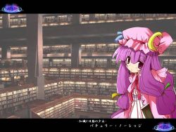 Rule 34 | 1girl, crescent, female focus, hat, indoors, library, mob cap, patchouli knowledge, pink hat, solo, touhou, wallpaper