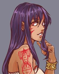 Rule 34 | 1girl, armband, bad id, bad tumblr id, bare shoulders, facial mark, from side, looking at viewer, original, purple hair, red eyes, simple background, solo, tattoo, upper body, wallfloristry, wrist cuffs