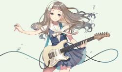 Rule 34 | 1girl, black eyes, blue dress, cable, cherico, closed mouth, contrapposto, cowboy shot, dress, electric guitar, fender stratocaster, floating hair, green background, guitar, hair ornament, highres, holding, holding instrument, holding plectrum, instrument, light brown hair, light smile, long hair, looking at viewer, music, original, playing instrument, pleated dress, plectrum, sailor collar, shirt, shirt under dress, short sleeves, simple background, solo, straight-on, water drop, white sailor collar, white shirt
