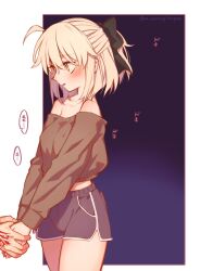 Rule 34 | 1boy, 1girl, ahoge, bare shoulders, black bow, blonde hair, blush, bow, breasts, brown shirt, command spell, cropped shirt, dolphin shorts, fate/grand order, fate (series), grey shorts, hair bow, half updo, highres, holding hands, koha-ace, large breasts, midriff, mitsurugi sugar, covered erect nipples, no bra, off shoulder, okita souji (fate), okita souji (koha-ace), parted lips, shirt, short hair, shorts, solo focus, yellow eyes