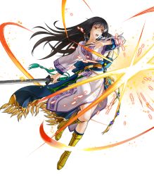 Rule 34 | 1girl, black hair, boots, breasts, brown footwear, fire emblem, fire emblem: the blazing blade, fire emblem heroes, full body, grey eyes, highres, holding, holding sword, holding weapon, karla, kita senri, knee boots, long hair, long sleeves, looking away, medium breasts, nintendo, non-web source, official art, open mouth, side slit, solo, sword, transparent background, weapon