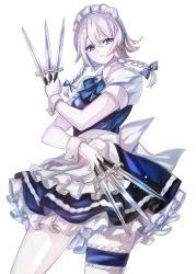 Rule 34 | 1girl, apron, blue bow, blue bowtie, blue dress, blue eyes, bow, bowtie, braid, breasts, buttons, dress, gem, hair between eyes, hair bow, hand up, highres, izayoi sakuya, jan (lightdragoon), jewelry, knife, looking to the side, maid, maid headdress, medium breasts, puffy short sleeves, puffy sleeves, shirt, short hair, short sleeves, simple background, solo, standing, touhou, twin braids, weapon, white apron, white background, white bow, white hair, white shirt, wrist cuffs