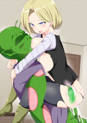 Rule 34 | 1boy, 1girl, android 18, animankan, black pantyhose, blonde hair, blue eyes, boots, breast sucking, breasts, censored, cum, cum in pussy, dragon ball, dragonball z, held up, hetero, highres, open mouth, pantyhose, penis, piccolo, pussy, sex, short hair, suspended congress, torn clothes, torn legwear, torn pantyhose, vaginal, x-ray
