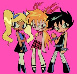 Rule 34 | 3:, 3girls, :3, :p, adapted costume, alternate costume, alternate hair length, alternate hairstyle, alternate skin color, ankle strap, arm at side, arms at sides, bare arms, bare shoulders, belt, berserk (ppg), black bracelet, black choker, black dress, black footwear, black hair, black skirt, black wristband, blonde hair, blossom (ppg), blue eyes, blush stickers, bracelet, brat (ppg), brute (ppg), bubbles (ppg), buttercup (ppg), c:, choker, closed mouth, commentary, contrapposto, crop top, crossed legs, dark-skinned female, dark skin, dress, english commentary, eyelashes, fishnet pantyhose, fishnets, full body, green eyes, hair between eyes, hair ribbon, hand up, highres, jewelry, legs apart, lineup, long hair, looking at viewer, looking to the side, mary janes, midriff, multiple girls, navel, no nose, orange hair, pantyhose, parted lips, pink background, pink eyes, pink ribbon, plaid, poppy (p0ply), powerpuff girls, red ribbon, ribbon, shiny clothes, shoes, short dress, short hair, siblings, simple background, sisters, skirt, sleeveless, smile, spiked belt, spiked bracelet, spikes, standing, strapless, strapless dress, swept bangs, tongue, tongue out, toon (style), torn clothes, torn pantyhose, tsurime, twintails, watson cross, white pantyhose, wing collar