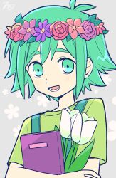 Rule 34 | 1boy, antenna hair, basil (headspace) (omori), basil (omori), book, commentary request, floral background, flower, green eyes, green hair, green shirt, head wreath, highres, holding, holding book, hugging book, hugging object, male focus, omori, open mouth, shirt, signature, smile, solo, tsunoji, tulip, upper body, white flower, white tulip