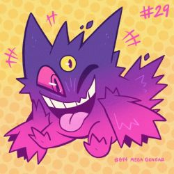 Rule 34 | character name, commentary, creature, creatures (company), english commentary, full body, game freak, gen 1 pokemon, gengar, ghost, inktober, mega gengar, mega pokemon, nintendo, no humans, one eye closed, pokedex number, pokemon, pokemon (creature), polka dot, polka dot background, purple eyes, solo, third eye, tonestarr, tongue, tongue out