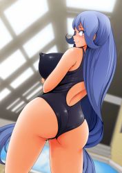 Rule 34 | 1girl, absurdres, ass, back cutout, bare shoulders, blue eyes, blue hair, blush, boku no hero academia, breasts, clothing cutout, curvy, covered erect nipples, from behind, hadou nejire, highres, huge ass, huge breasts, long hair, looking back, nanashi noiji, one-piece swimsuit, pool, rei no pool, sideboob, smile, solo, swimsuit, thick thighs, thighs, very long hair