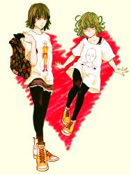 Rule 34 | &gt;:o, 2girls, :o, backpack, bag, beige background, black hair, black legwear, breasts, character print, cross-laced footwear, flat chest, flipped hair, floating, fubuki (one-punch man), full body, green eyes, green hair, heart, pantyhose under shorts, looking at viewer, mochishio, multiple girls, off shoulder, one-punch man, pantyhose, pantyhose under shorts, print shirt, saitama (one-punch man), shirt, shoes, short hair, short sleeves, shorts, siblings, sisters, sneakers, spread fingers, standing, t-shirt, tatsumaki, undershirt, v-shaped eyebrows, yellow background