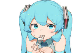 Rule 34 | 1girl, abmayo, absurdres, bare shoulders, collared shirt, commentary request, detached sleeves, eating, fork, green eyes, green hair, green necktie, grey shirt, hair ornament, hatsune miku, highres, holding, holding fork, looking at viewer, necktie, portrait, shirt, solo, twintails, utensil in mouth, vocaloid