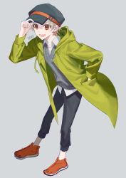 Rule 34 | 1boy, absurdres, black headwear, black pants, coat, collared shirt, commentary request, drawstring, fang, green coat, grey background, grey sweater vest, hand in pocket, hand on headwear, highres, hood, hood down, hooded coat, long sleeves, looking at viewer, male focus, open clothes, open coat, open mouth, orange eyes, orange footwear, original, pants, shirt, shoes, signature, simple background, smile, solo, sweater vest, torino kawazu, white shirt
