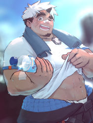 Rule 34 | 1boy, akiha gongen (housamo), bandaid, bandaid on face, bandaid on nose, bara, blush, bottle, clothes around waist, clothes lift, dark-skinned male, dark skin, dog tags, facial hair, feet out of frame, fundoshi, goatee, highres, holding, holding bottle, horns, incoming drink, jacket, jacket around waist, japanese clothes, kurosabi, lifted by self, looking at viewer, male focus, male underwear, male underwear peek, midriff, multicolored hair, muscular, muscular male, one eye closed, scar, scar across eye, scar on face, shirt lift, short hair, single horn, solo, stomach, sweat, thick eyebrows, tokyo houkago summoners, two-tone hair, underwear, white hair, white male underwear