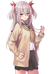 Rule 34 | 1girl, :p, blush, brown cardigan, brown sailor collar, brown skirt, cardigan, commentary request, cowboy shot, furrowed brow, grey hair, hair between eyes, hair ribbon, twirling hair, hand on own hip, highres, long hair, long sleeves, looking at viewer, mahcdai, medium skirt, neckerchief, open cardigan, open clothes, orange neckerchief, original, pleated skirt, red eyes, red ribbon, ribbon, sailor collar, school uniform, shirt, sidelocks, simple background, skirt, smile, solo, standing, tongue, tongue out, two side up, white background, white shirt