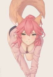 Rule 34 | 1girl, all fours, animal ear fluff, animal ears, black shorts, blush, breasts, brown eyes, cleavage, closed mouth, downblouse, fate/extra, fate (series), fox ears, fox girl, fox tail, grey background, hanging breasts, highres, long hair, long sleeves, medium breasts, miura-n315, pink hair, pink shirt, ponytail, shirt, short shorts, shorts, simple background, smile, solo, tail, tamamo (fate), tamamo no mae (fate/extra)