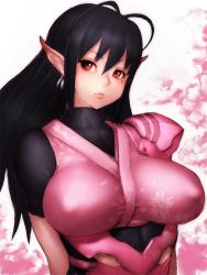 Rule 34 | 1girl, antenna hair, arms behind back, black hair, breasts, earrings, female focus, fumio (rsqkr), japanese clothes, jewelry, katori (pso2), large breasts, lips, long hair, mole, mole under eye, phantasy star, phantasy star online 2, pointy ears, red eyes, short sleeves, solo