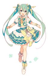 Rule 34 | 1girl, 4 (nakajima4423), :d, aqua hair, aqua skirt, arms at sides, bow, clenched hand, contrapposto, criss-cross halter, crop top, cross-laced footwear, detached collar, dot nose, floral background, flower, footwear ribbon, frilled skirt, frills, full body, green eyes, green flower, green ribbon, green skirt, hair between eyes, hair ribbon, halterneck, hatsune miku, highres, idol, knees together feet apart, layered skirt, light blush, long hair, looking at viewer, more more jump! (project sekai), more more jump! miku, open mouth, plaid, plaid ribbon, plaid skirt, project sekai, puffy short sleeves, puffy sleeves, ribbon, shoes, short sleeves, simple background, single horizontal stripe, skirt, smile, solo, standing, standing on one leg, twintails, vocaloid, waist bow, white background, white footwear, white skirt, wrist cuffs, yellow bow, yellow ribbon