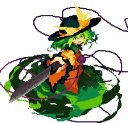 Rule 34 | 1girl, black headwear, blouse, bow, buttons, diamond button, eyeball, frilled shirt collar, frilled sleeves, frills, green eyes, green hair, green skirt, hat, hat bow, hat ribbon, heart, heart of string, holding, holding knife, holding weapon, knife, komeiji koishi, lowres, one-hour drawing challenge, open mouth, ribbon, shirt, skirt, tea basira, third eye, touhou, weapon, white background, wide sleeves, yellow bow, yellow ribbon, yellow shirt