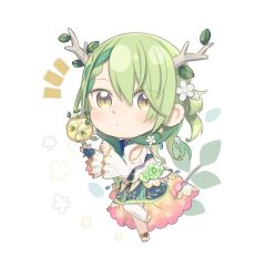 Rule 34 | 1girl, antlers, apple, blue nails, blue neckwear, braid, braided bangs, branch, ceres fauna, chibi, commentary, fingernails, flower, food, fruit, green hair, hair flower, hair ornament, holding, holding food, hololive, hololive english, horns, leaf, looking at viewer, nail polish, one eye covered, single braid, single thighhigh, solo, thighhighs, totatokeke, virtual youtuber, white thighhighs, yellow eyes