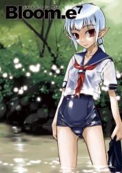 Rule 34 | 1girl, flat chest, no pants, one-piece swimsuit, original, pointy ears, red eyes, school swimsuit, school uniform, serafuku, shiny clothes, skinny, skirt, solo, swimsuit, swimsuit under clothes, twintails, wading, wet, wet clothes, white hair, yamamoto canponi