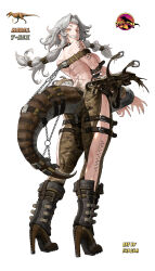 Rule 34 | 1girl, absurdres, belt buckle, boots, breasts, buckle, camouflage, chain, cho gum, dinosaur tail, ear piercing, fingernails, from behind, full body, grey hair, grin, hair intakes, high heel boots, high heels, highres, large breasts, long hair, looking back, orange eyes, original, personification, piercing, scar, scar on back, sharp fingernails, sharp teeth, slit pupils, smile, solo, standing, tail, teeth, tyrannosaurus rex, unzipped