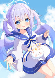 Rule 34 | 1girl, azel (laevateinn495), blue bow, blue eyes, blue halo, blue sailor collar, blush, bow, commentary request, dress, feathered wings, feet out of frame, gochuumon wa usagi desu ka?, hair ornament, halo, highres, kafuu chino, long sleeves, looking at viewer, medium hair, open mouth, puffy long sleeves, puffy sleeves, purple hair, purple wings, reaching, reaching towards viewer, sailor collar, sailor dress, short dress, solo, tippy (gochiusa), twintails, two-tone bow, white bow, white dress, wings, x hair ornament