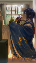 Rule 34 | 1boy, absurdres, black gloves, blue hair, bottle, from side, gloves, hakama, hataya, highres, holding, holding sword, holding weapon, indoors, japanese clothes, katana, long sleeves, looking up, male focus, mikazuki munechika, on floor, pinky out, profile, sitting, solo, sword, tassel, tea, touken ranbu, weapon, white hakama, wide sleeves