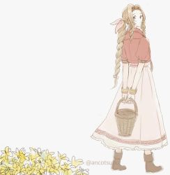 Rule 34 | 1girl, aerith gainsborough, ancotsubu, arms behind back, bangle, basket, boots, bracelet, braid, braided ponytail, brown footwear, brown hair, cropped jacket, dress, final fantasy, final fantasy vii, final fantasy vii remake, flower, flower basket, full body, hair ribbon, highres, holding, holding basket, jacket, jewelry, long dress, long hair, looking at viewer, parted bangs, pink dress, pink ribbon, puffy short sleeves, puffy sleeves, red jacket, ribbon, short sleeves, sidelocks, solo, standing, twitter username, wavy hair, white background, yellow flower