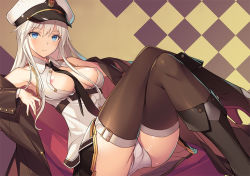 Rule 34 | 1girl, azur lane, bare shoulders, belt, between breasts, black coat, black necktie, blue eyes, blush, boots, breasts, coat, collared shirt, commentary request, covered erect nipples, crossed legs, enterprise (azur lane), expressionless, from below, hat, high heels, kikuchi seiji, knee boots, knees up, leg up, legs, long hair, long sleeves, looking at viewer, medium breasts, necktie, necktie between breasts, nipple slip, nipples, no bra, off shoulder, panties, partially unbuttoned, shirt, skindentation, sleeveless, sleeveless shirt, solo, staring, thigh belt, thigh strap, thighhighs, thighs, underwear, upskirt, very long hair, white hair, white panties, white shirt