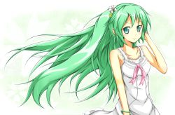 Rule 34 | 1girl, bad id, bad pixiv id, bracelet, dress, flower, green eyes, green hair, hair flower, hair ornament, hatsune miku, jewelry, karamoneeze, lily (flower), long hair, matching hair/eyes, project diva (series), project diva 2nd, smile, solo, vocaloid