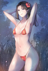 Rule 34 | 1girl, absurdres, armpits, arms behind head, bikini, black eyes, black hair, breasts, collarbone, commentary request, dead by daylight, earrings, feng min, flower, grass, hair flower, hair ornament, highleg, highleg bikini, highleg swimsuit, highres, jewelry, lips, long hair, looking at viewer, medium breasts, navel, night, oramikainu, outdoors, red bikini, smile, solo, standing, swimsuit, tree