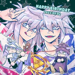 Rule 34 | 2boys, :q, ankh, bakura ryou, black cloak, blue shirt, chibi, cloak, closed mouth, commentary, cosplay, dated, fingernails, green background, grey eyes, grey hair, hair between eyes, happy birthday, hat, highres, holding, holding staff, jewelry, long bangs, long hair, looking at viewer, lower teeth only, male focus, millennium ring, multiple boys, necklace, open mouth, red shirt, shirt, silent magician, silent magician (cosplay), smile, spiked hair, staff, star (symbol), striped clothes, striped shirt, teeth, tongue, tongue out, upper body, white headwear, white shirt, wizard hat, yagamikan, yami bakura, yu-gi-oh!, yu-gi-oh! duel monsters