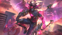 Rule 34 | 1boy, 2girls, aatrox, absurdres, alternate costume, armor, black pants, building, character request, city, clenched hand, closed mouth, colored skin, flying, gem, glowing, grey skin, helmet, highres, holding, holding sword, holding weapon, league of legends, male focus, multiple girls, no nose, outdoors, pants, red shirt, shirt, sparkle, star guardian (league of legends), sunset, sword, tentacles, weapon, wings, wutu (1183238220)