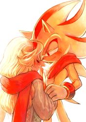 Rule 34 | 1boy, 1girl, absurdres, bad id, bad pixiv id, blonde hair, body fur, closed eyes, closed mouth, commentary request, furry, furry male, furry with non-furry, gloves, highres, interspecies, long hair, maria robotnik, outsuki, red eyes, red scarf, scarf, shadow the hedgehog, simple background, smile, sonic (series), super shadow, sweater, white background, white gloves