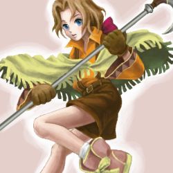 Rule 34 | 1boy, artist request, blue eyes, bow, brown hair, fringe trim, gloves, lowres, male focus, orange shirt, poncho, ribbon, shirt, short hair, smile, solo, source request, staff, tim rhymeless, wild arms, wild arms 2