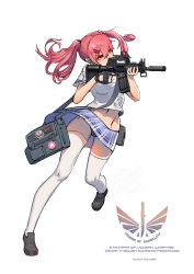 Rule 34 | 1girl, absurdres, aiming, artist name, assault rifle, battle rifle, black footwear, black gloves, black panties, black soldier, english text, finger on trigger, full body, gloves, groin, gun, hair ornament, hair tie, hairclip, highres, holding, holding gun, holding weapon, legs apart, long hair, miniskirt, navel, original, panties, pantyshot, pink hair, red eyes, rifle, school uniform, scope, serious, shoes, short sleeves, sidelocks, simple background, skirt, solo, standing, standing on one leg, thighhighs, twintails, underwear, upskirt, weapon, white background, white thighhighs, wind, wind lift