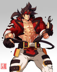 Rule 34 | 1boy, abs, alternate costume, bara, belt buckle, brown hair, buckle, feet out of frame, fingerless gloves, gloves, guilty gear, harness, headgear, large pectorals, long hair, male focus, muscular, na insoo, navel, open clothes, pectorals, pelvic curtain, ponytail, shiny skin, simple background, sol badguy, solo, spiked hair, tearing clothes, thick thighs, thighs, tight clothes, torn clothes, yellow eyes