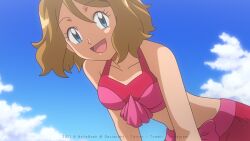 Rule 34 | 1girl, :d, bent over, bikini, blonde hair, blue eyes, cloud, collarbone, creatures (company), day, eyelashes, from below, game freak, happy, looking at viewer, mixed-language commentary, nintendo, noelia ponce, open mouth, outdoors, pink bikini, pokemon, pokemon (anime), pokemon xy (anime), serena (pokemon), short hair, sky, smile, solo, swimsuit, tongue, watermark