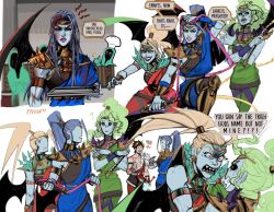 Rule 34 | 1boy, 3girls, alecto (hades), ancient greek clothes, black sclera, blue hair, blue skin, colored sclera, colored skin, english text, grace kim (ryuuna), greco-roman clothes, green tunic, hades (hades), hades (series), hades 1, highres, laurel crown, megaera (hades), mismatched sclera, multiple girls, ponytail, red eyes, siblings, single wing, sisters, supergiant games, tisiphone (hades), whip, wings